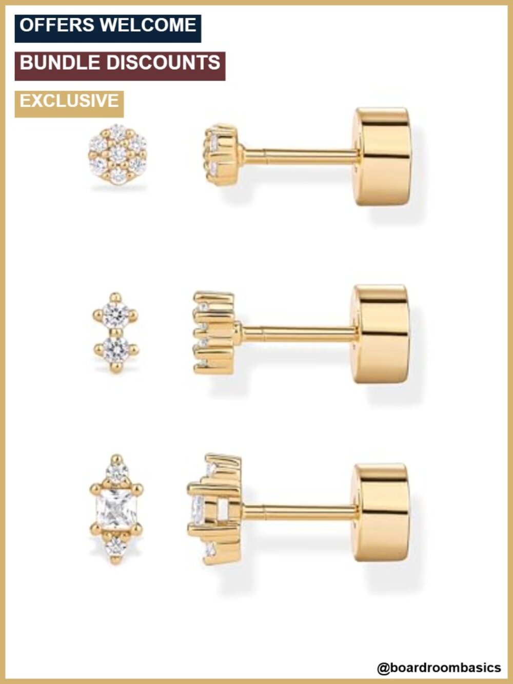14K Gold Plated CZ Stud Earrings Flat Back Screw Back Hypoallergenic